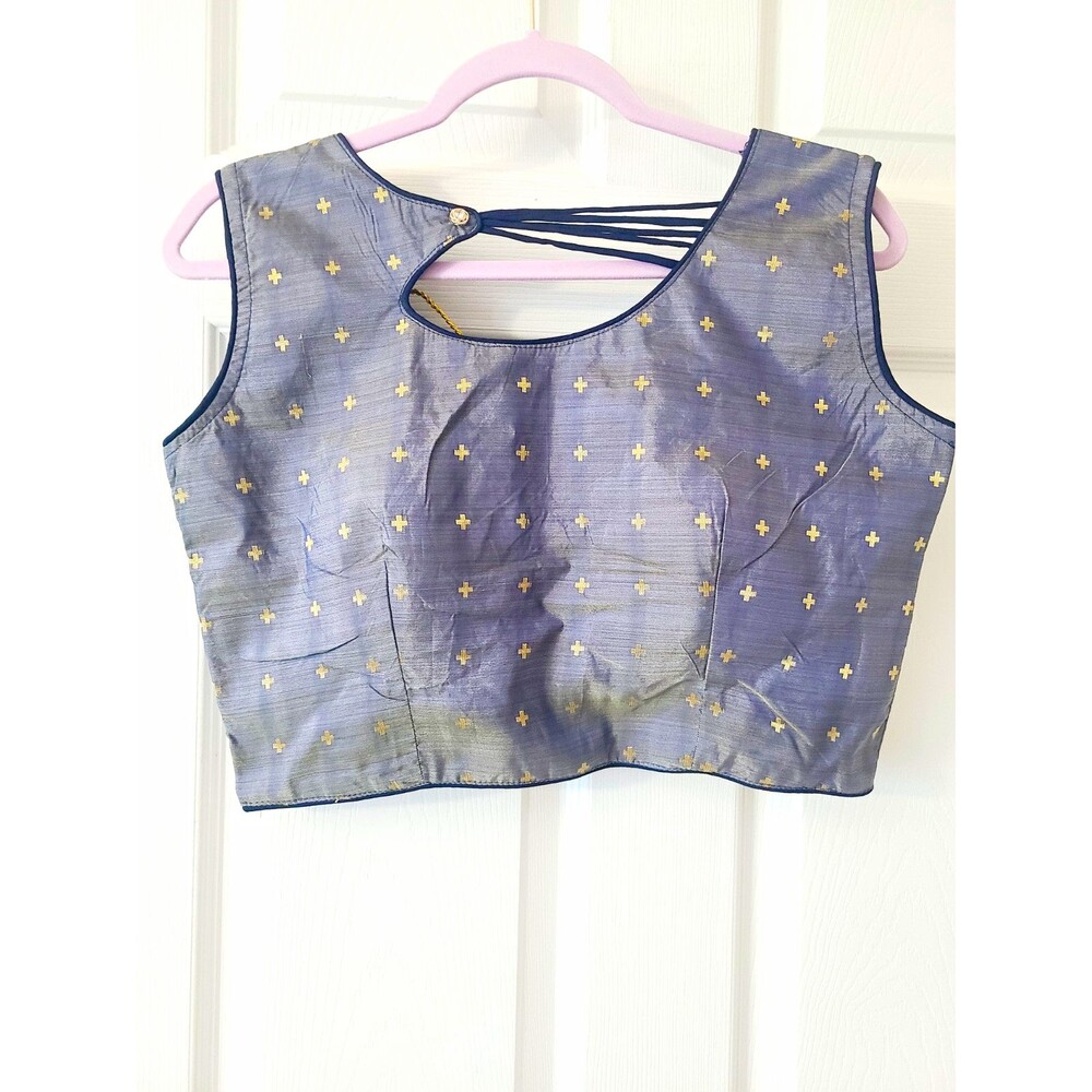 Indian Banarasi Silk Blend Cropped Blouse Sz M Blue Gold Embroidered Sleeveless